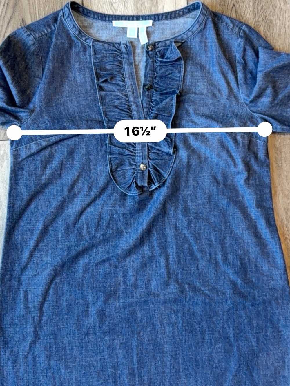 Draper James-Chambray Preppy Denim Ruffle Front Bell Sleeve Dress-Tailgate Ready - Picture 7 of 10